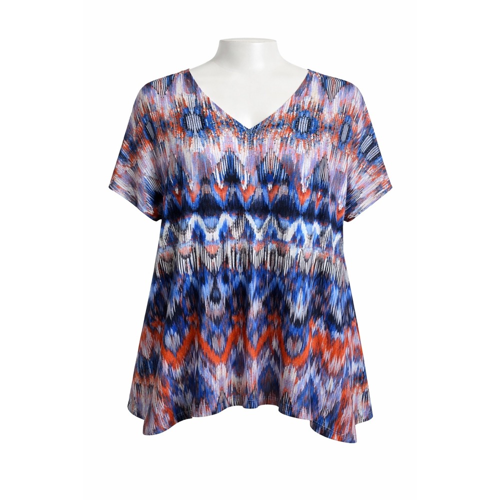 Catherines XL/1X Ikat Abstract Print Rhinestone Top Blue Red Short Sleeve V Neck